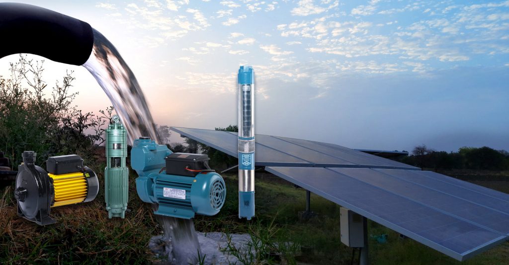 Collage of OMI pump models with a solar-powered submersible pump beside solar panels.