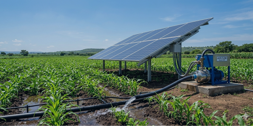 Solar pump system with panel array and pump skid supplying drip irrigation to crops
