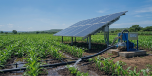 Solar pump system with panel array and pump skid supplying drip irrigation to crops